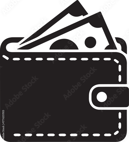 Wallet With Cash Icon, Black on White 