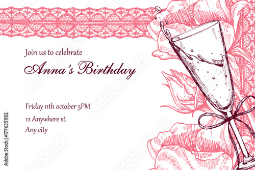 A stylish horizontal vector birthday invitation template with a text box and frame featuring hand-drawn illustrations. The text is not editable.