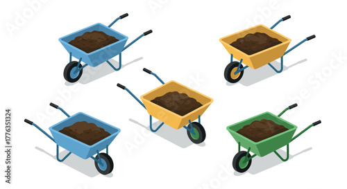 Colorful wheelbarrows with soil in isometric view for gardening projects