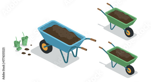 Isometric garden wheelbarrow set with soil and seedlings on white background