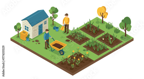 Isometric community gardening scene with farmers in urban green space