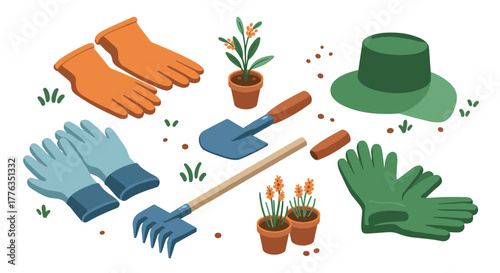 Gardening essentials with tools and plants in a contemporary flat design