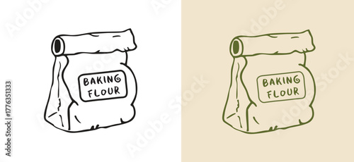 black and white hand drawn sketch line art of a bag of baking flour. bakery ingredient for recipes like bread, cake, and pastry. Ideal kitchen food graphic or minimalist cooking icon. food doodle.