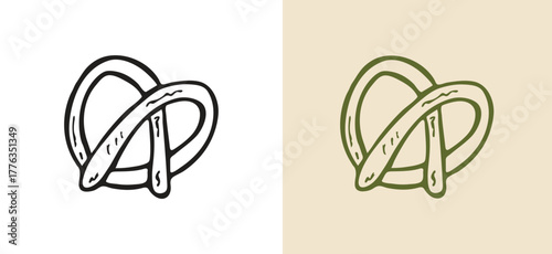 black and white line art, hand drawn sketch icon of a classic baked pretzel knot. A traditional snack and German bakery staple, often served with salt or cheese. food doodle