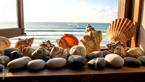 A serene beach scene featuring various seashells and smooth stones on a windowsill overlooking the ocean