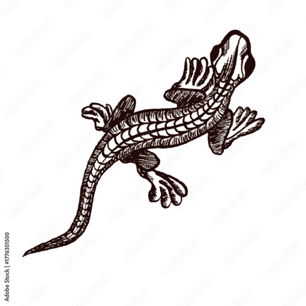 Naklejka premium Vector image of a gecko in a graphic style. Linear illustration with a tropical theme.
