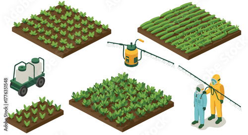 Isometric farming tools and crop care ecofriendly agricultural practices
