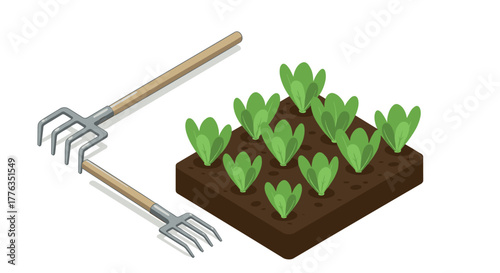 Gardening tools and green seedlings in isometric style on soil plot for agriculture and cultivation concepts
