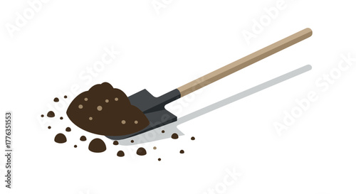 Isometric shovel with soil on white background