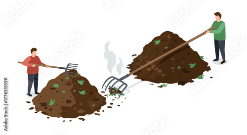 Isometric composting process with two people turning compost piles