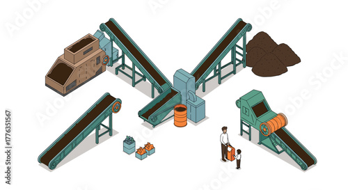 Isometric recycling factory conveyor system with workers and waste management equipment