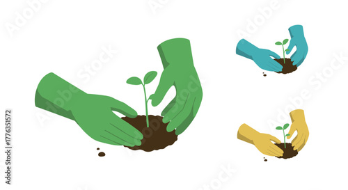 Colorful hands planting seedling concept for gardening and sustainability