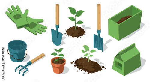 Isometric gardening tools and planting elements for home garden projects