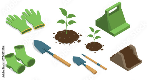 Isometric gardening tools and plants for spring planting projects