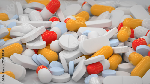 Photos Close-up view of assorted pills and capsules 3D render
