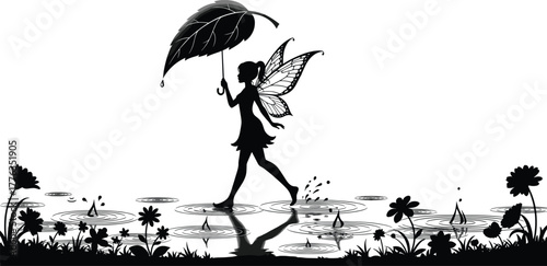 Fairy silhouette vector—winged figure walking on water with leaf umbrella, raindrops, ripples, and flowers for fantasy themes