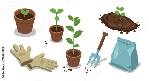 Gardening essentials plant sprouts, tools, and soil in a modern isometric design