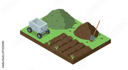 Isometric gardening scene with soil, seedlings, and cart on green patch