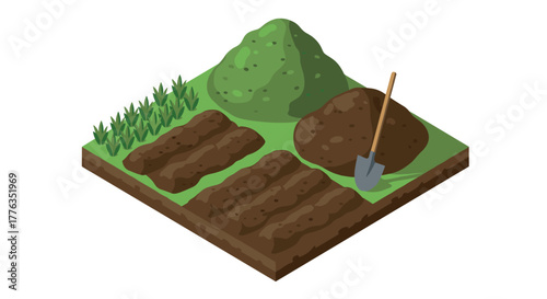 Isometric garden plot with soil, shovel, and vegetation elements