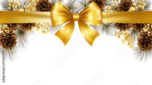 A gold ribbon with pine cones and flowers is draped over a white background