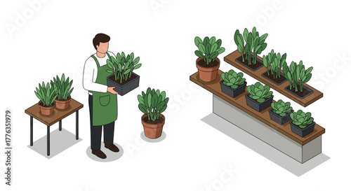 Isometric plant nursery with man holding potted greenery in apron