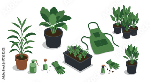 Gardening essentials in isometric view tools, plants, and accessories for home garden