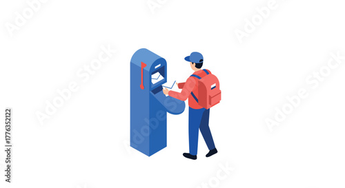 Isometric mail collection person posting a letter in modern mailbox