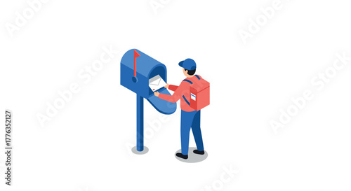 Postal worker delivering letters to a mailbox in isometric style