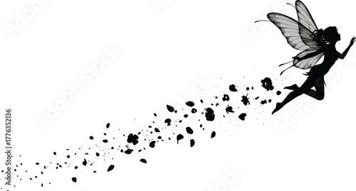 Flying fairy silhouette vector—ornate wings, scattered flower petals, whimsical motion for fantasy, nature, and storybook themes