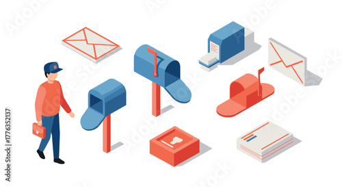 Isometric mailbox concept with postal worker and mail elements in blue and red
