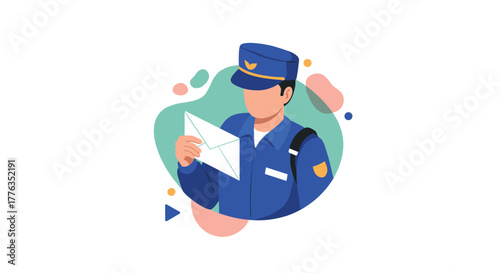 Postman delivering letter in flat design with abstract geometric background