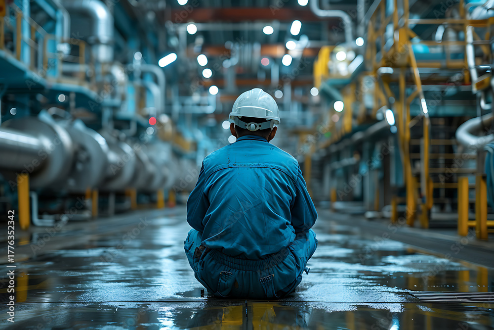 Obraz premium 工場の床に座る日本人作業員（安全ヘルメット・青い作業服）