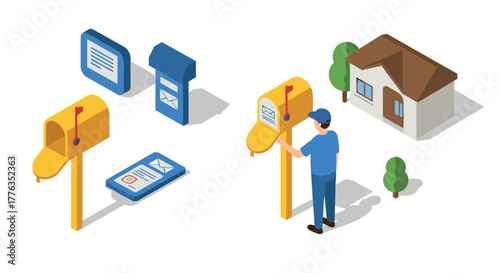 Isometric mail delivery concept with mailboxes, home, and digital notifications