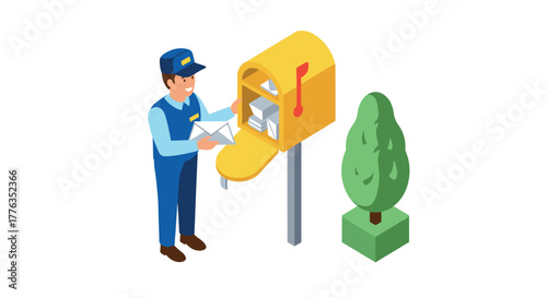 Isometric mailman delivering letters to yellow mailbox with tree nearby