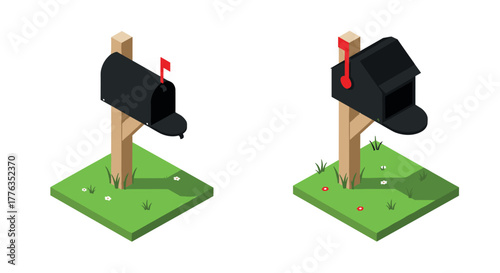 Isometric mailbox designs on grass patches with flowers and flags