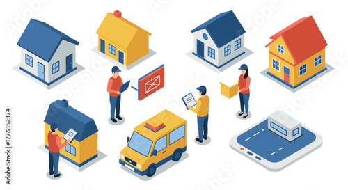Isometric postal and communication concept with people, houses, and mail icons
