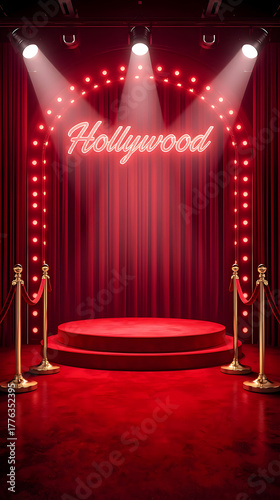 Hollywood neon sign on a red curtain stage with spotlights and a lightbulb arch