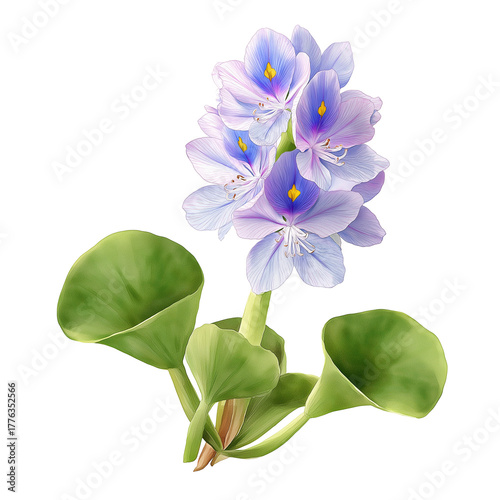 Watercolor water hyacinth, isolated on a white background, clear edges, botanical clipart style.