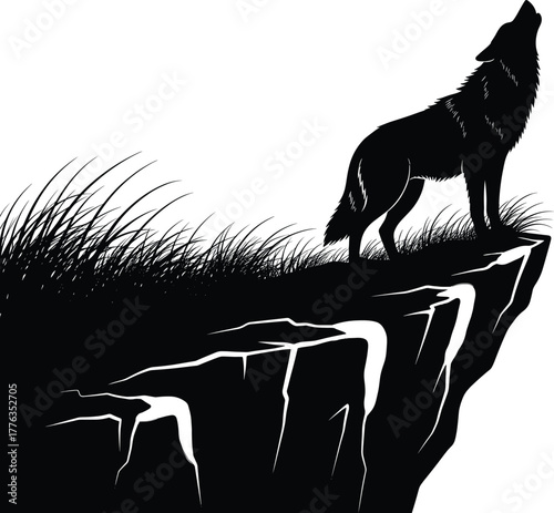 Howling wolf silhouette vector—wild predator on cliff edge with grass, dramatic nature scene for wildlife, fantasy, and tribal themes
