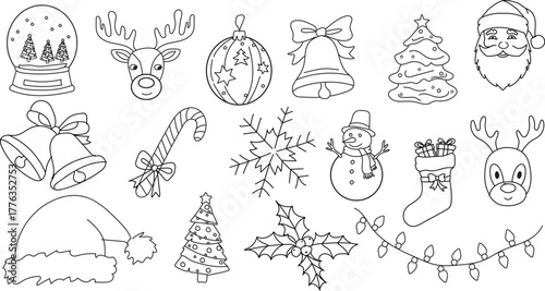 Collection of festive christmas doodles isolated on white background, including santa, reindeer, christmas tree, ornaments, and other holiday elements