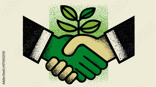 Flat vector illustration of two hands forming a growing plant, symbol of eco partnership and mutual success. Perfect for corporate branding and teamwork concepts