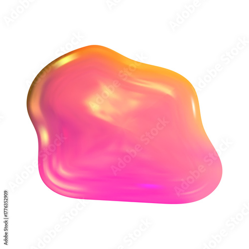 Abstract holographic 3D blob in soft Y2K tones. Iridescent reflections and glossy texture highlight a modern 3D y2k holographic blob.