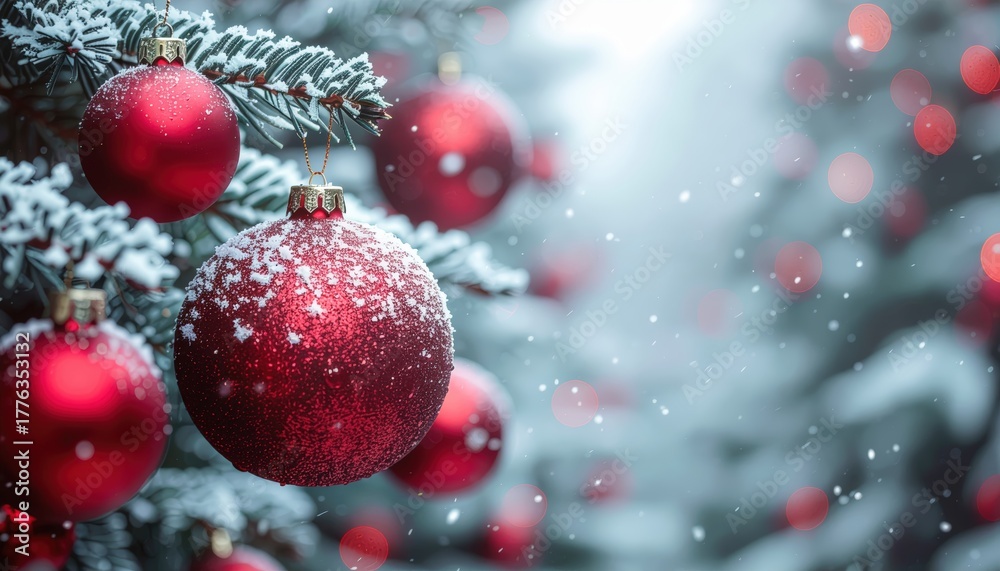 Obraz premium Festive christmas ornaments winter wonderland photography snowy forest close-up view holiday spirit and cheer