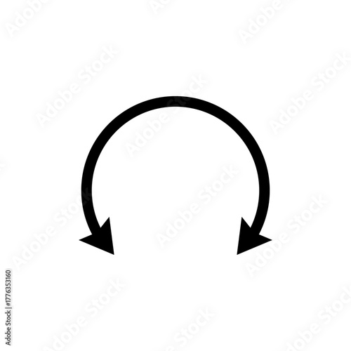 Arrow around a circle. Dual semi circle arrow. Vector illustration. Semicircular curved long double ended arrow.