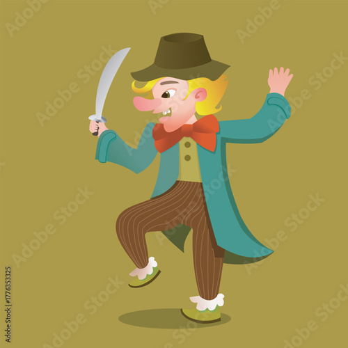Boy in Coat with Sword in Adventurous Cartoon Style