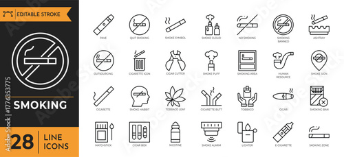 Smoking icon set. Editable stroke. Vector illustration	