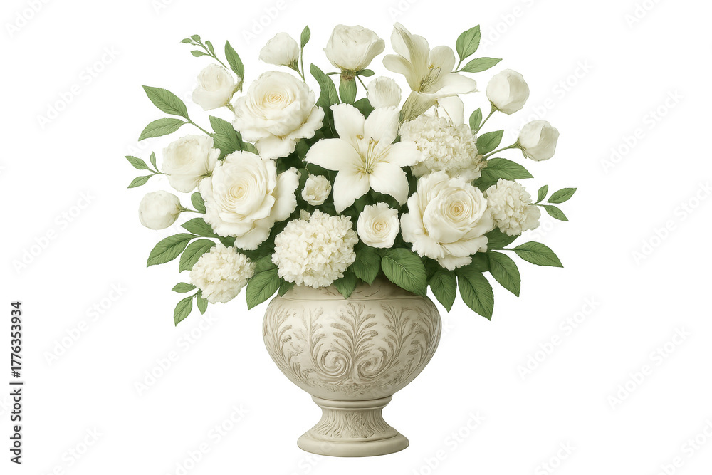 Naklejka premium White floral bouquet with roses and lilies in an ornate vase, celebrating elegance, romance, and special occasions