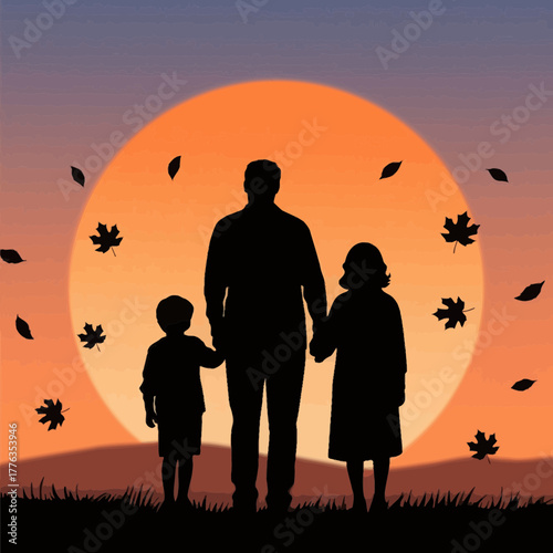 Silhouette of a man with two children holding hands at sunset with autumn leaves falling around them