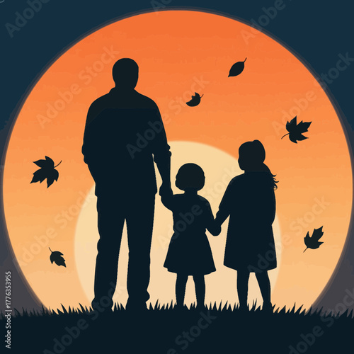 Silhouette of a man with two children holding hands at sunset with autumn leaves falling around them