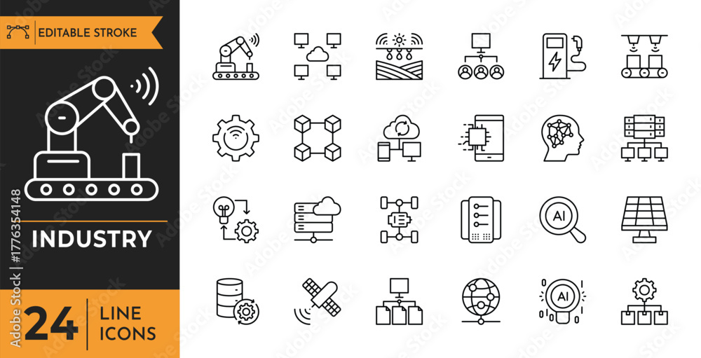 Fototapeta premium Industry icon set. Editable stroke. Vector illustration 